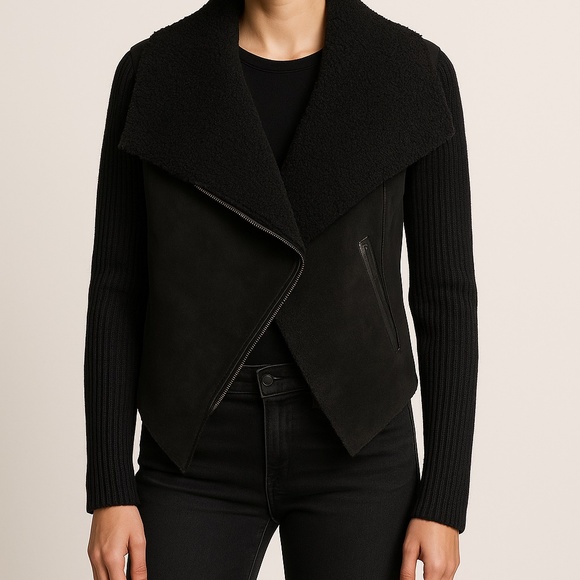 Blank NYC Sweater-Jacket Hybrid – Black Shearling Moto Style (Size M) - Picture 1 of 5
